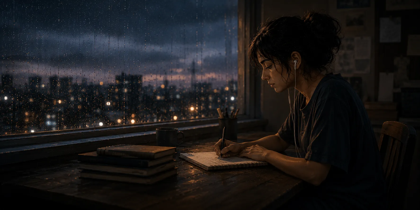 Student writing by window